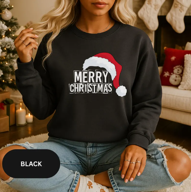 Black Merry Christmas Sweatshirt – Festive Santa Hat Pullover for Family